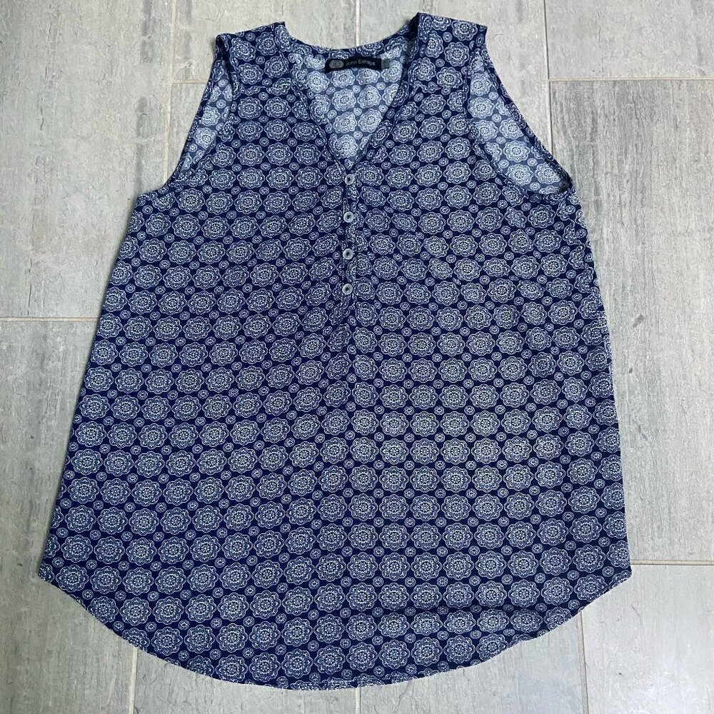 John Eshaya Rayon Sleeveless Blouse Tunic Blue Geometric Pattern Size Small